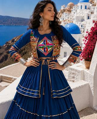 Navy Blue Pure Cotton Gamthi Work Navratri Lehenga Choli with Koti 4