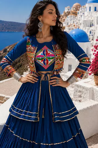 Navy Blue Pure Cotton Gamthi Work Navratri Lehenga Choli with Koti