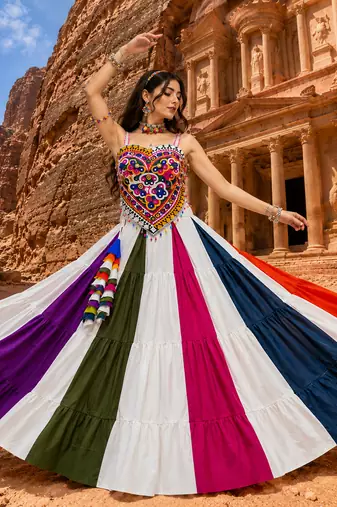 Multicolor Navratri Lehenga Choli Set with Kutchi Mirror Work Pan Blouse