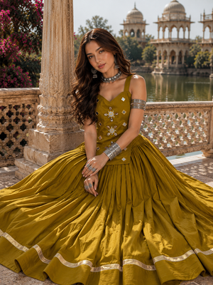 Mustard Pure Cotton Navratri Lehenga Choli with Kodi Mirror Work 3