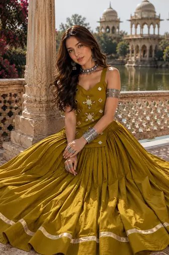 Mustard Pure Cotton Navratri Lehenga Choli with Kodi Mirror Work
