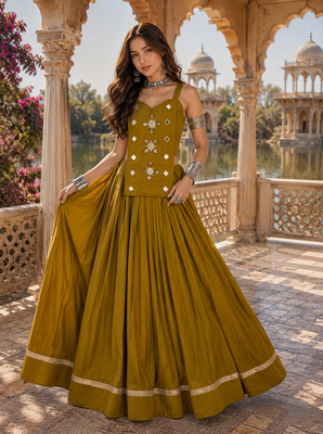 Mustard Pure Cotton Navratri Lehenga Choli with Kodi Mirror Work 4