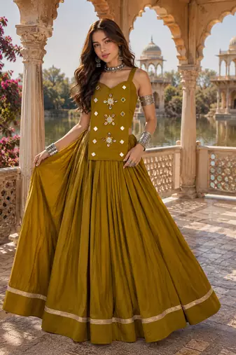 Mustard Pure Cotton Navratri Lehenga Choli with Kodi Mirror Work