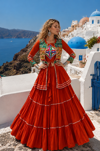 Orange Pure Cotton Gamthi Work Navratri Lehenga Choli with Koti
