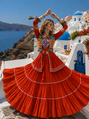 Orange Pure Cotton Gamthi Work Navratri Lehenga Choli with Koti 2