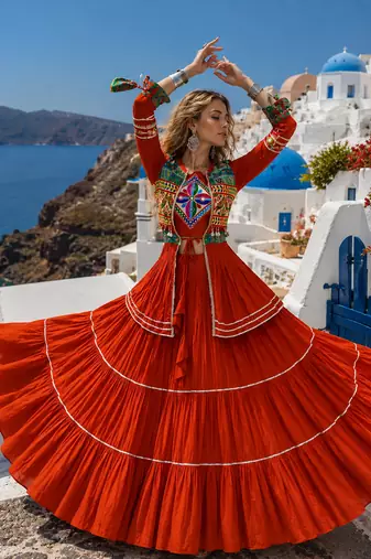 Orange Pure Cotton Gamthi Work Navratri Lehenga Choli with Koti