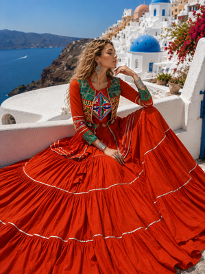 Orange Pure Cotton Gamthi Work Navratri Lehenga Choli with Koti 3