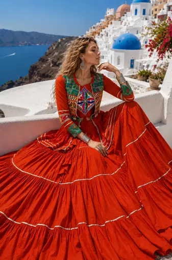 Orange Pure Cotton Gamthi Work Navratri Lehenga Choli with Koti