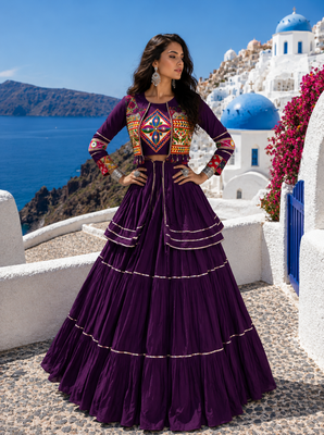 Purple Pure Cotton Gamthi Work Navratri Lehenga Choli with Koti 1