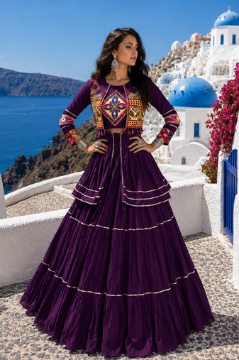 purple gamthi work pure cotton navratri lehenga choli with koti