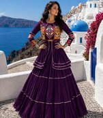 Purple Pure Cotton Gamthi Work Navratri Lehenga Choli with Koti