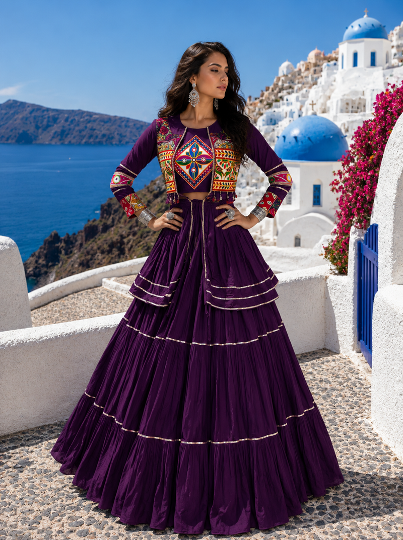 Purple Pure Cotton Gamthi Work Navratri Lehenga Choli with Koti