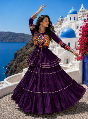 Purple Pure Cotton Gamthi Work Navratri Lehenga Choli with Koti 2