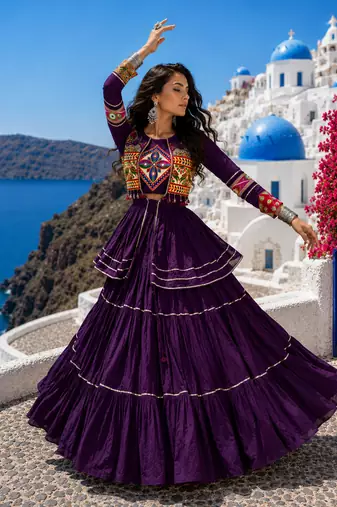 Purple Pure Cotton Gamthi Work Navratri Lehenga Choli with Koti