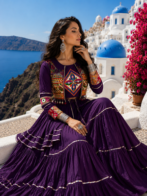Purple Pure Cotton Gamthi Work Navratri Lehenga Choli with Koti 3