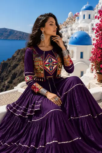 Purple Pure Cotton Gamthi Work Navratri Lehenga Choli with Koti