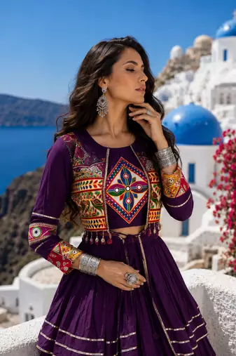Purple Pure Cotton Gamthi Work Navratri Lehenga Choli with Koti