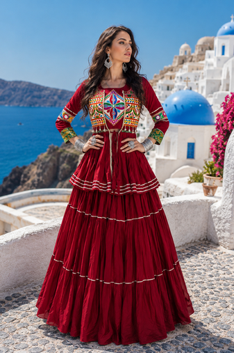 maroon gamthi work pure cotton lehenga choli with koti
