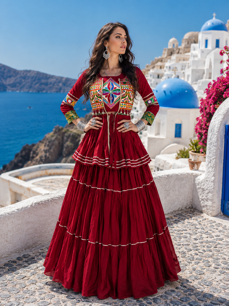 Maroon Pure Cotton Gamthi Work Navratri Lehenga Choli with Koti