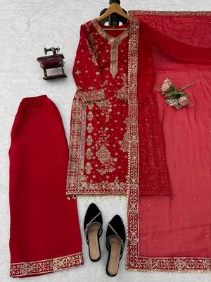 red  silk blend thread with sequence plazzo suit 5