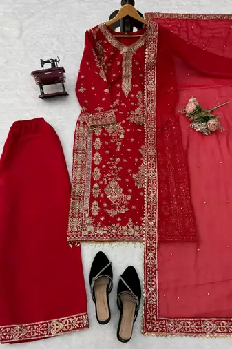 red  silk blend thread with sequence plazzo suit