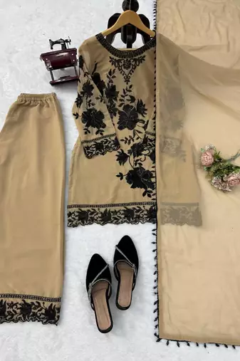 beige georgette thread with sequence plazzo suit
