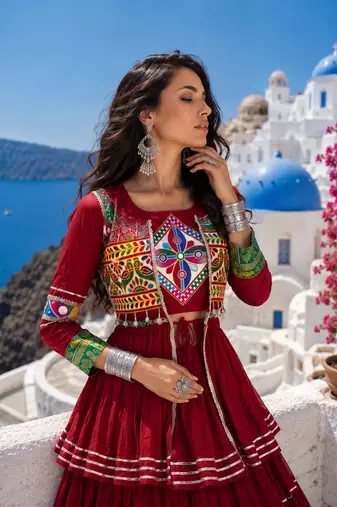 Maroon Pure Cotton Gamthi Work Navratri Lehenga Choli with Koti