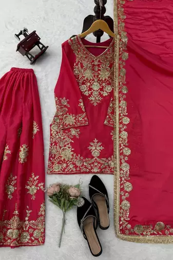 pink  silk blend thread with sequence plazzo suit