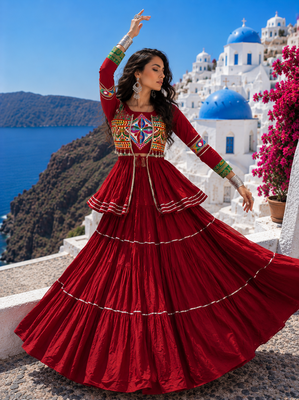 Maroon Pure Cotton Gamthi Work Navratri Lehenga Choli with Koti 3