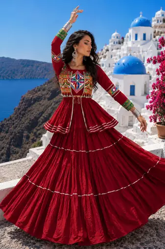 Maroon Pure Cotton Gamthi Work Navratri Lehenga Choli with Koti