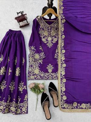 violet  silk blend thread with sequence plazzo suit 5