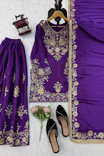 violet  silk blend thread with sequence plazzo suit