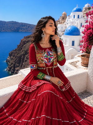 Maroon Pure Cotton Gamthi Work Navratri Lehenga Choli with Koti 4