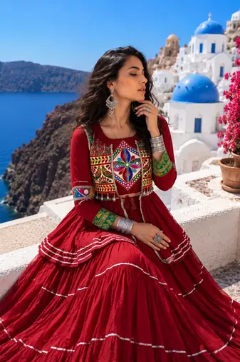 Maroon Pure Cotton Gamthi Work Navratri Lehenga Choli with Koti
