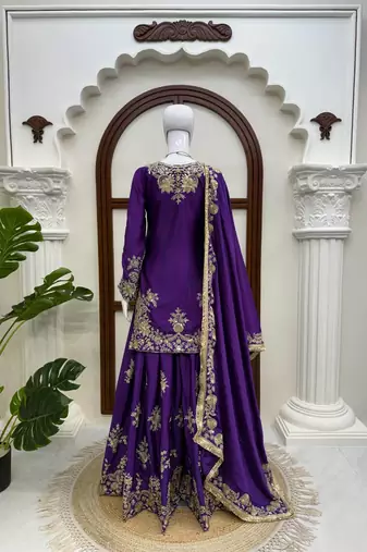 violet  silk blend thread with sequence plazzo suit