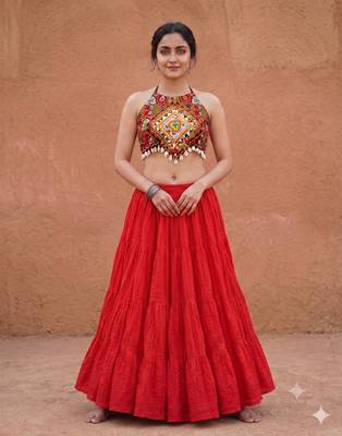 red rayon plain lehenga choli 1