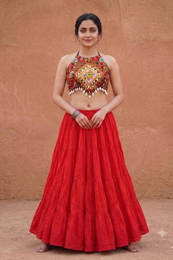 red rayon plain lehenga choli