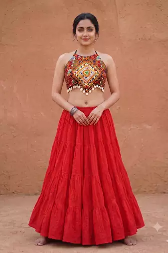 red rayon plain lehenga choli