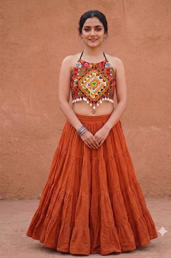 orange rayon plain lehenga choli