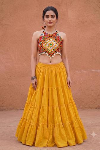 yellow rayon plain lehenga choli