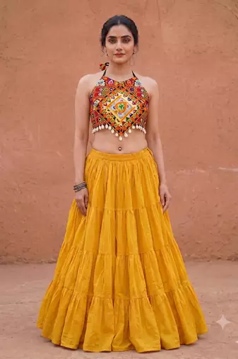 yellow rayon plain lehenga choli