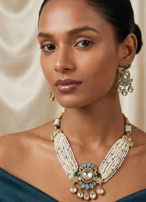 Turquoise kundan stone & pearl beaded gold plated choker necklace set for women 2