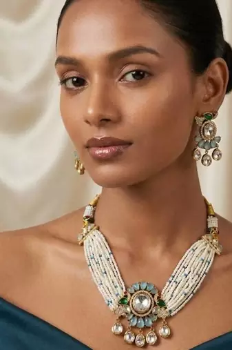 Turquoise kundan stone & pearl beaded gold plated choker necklace set for women