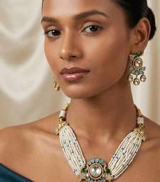 Turquoise kundan stone & pearl beaded gold plated choker necklace set for women
