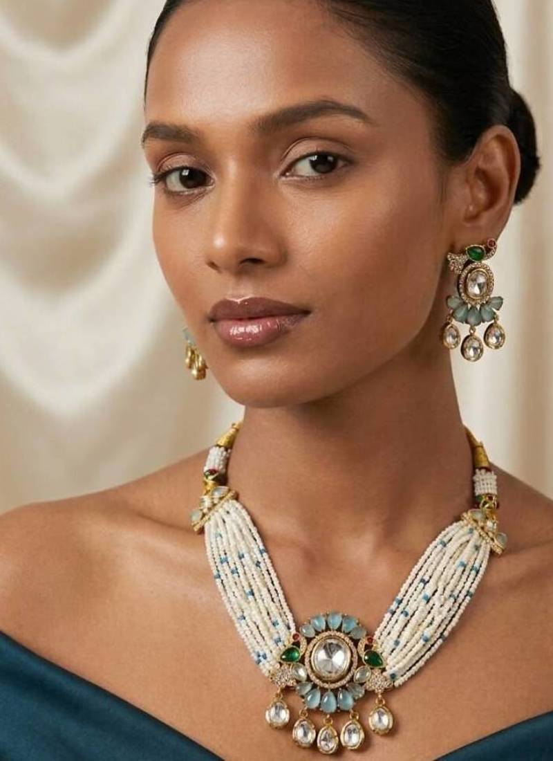 Turquoise kundan stone & pearl beaded gold plated choker necklace set for women