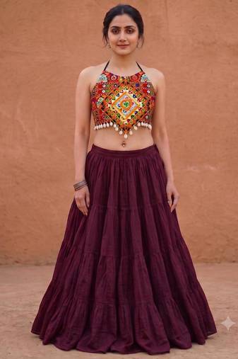 wine rayon plain lehenga choli