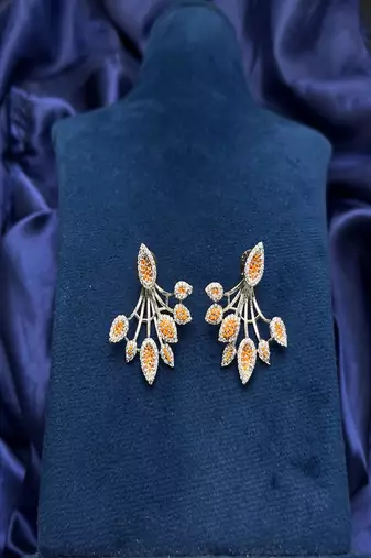Orange Citrine Diamond Fan Studs | Silver Sunburst Ear 