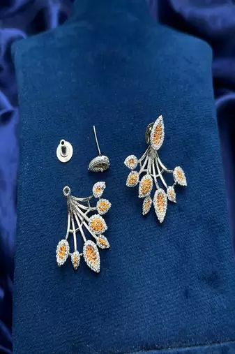 Orange Citrine Diamond Fan Studs | Silver Sunburst Ear 
