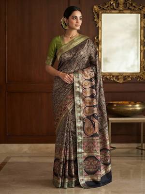 Black Color Kasmiri Motif Jungal Flowers Jaal Weaving With Naylon Viscose Kasmiri Pasmina Silk Saree 1