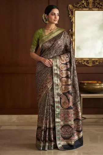 Black Color Kasmiri Motif Jungal Flowers Jaal Weaving With Naylon Viscose Kasmiri Pasmina Silk Saree